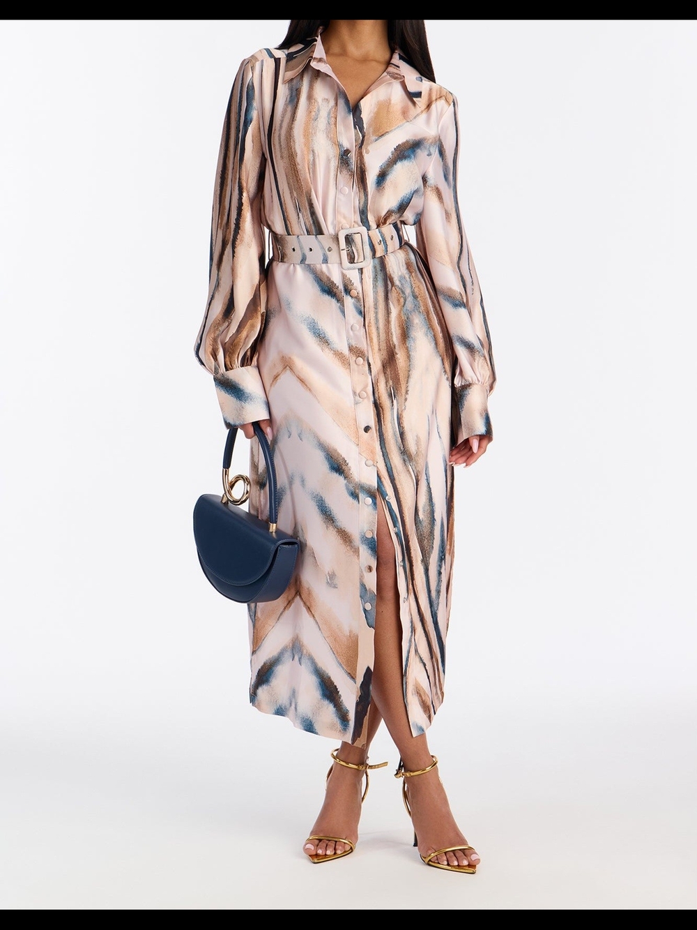 Watercolor Print Button-Down Midi Dress in Blush & Blue